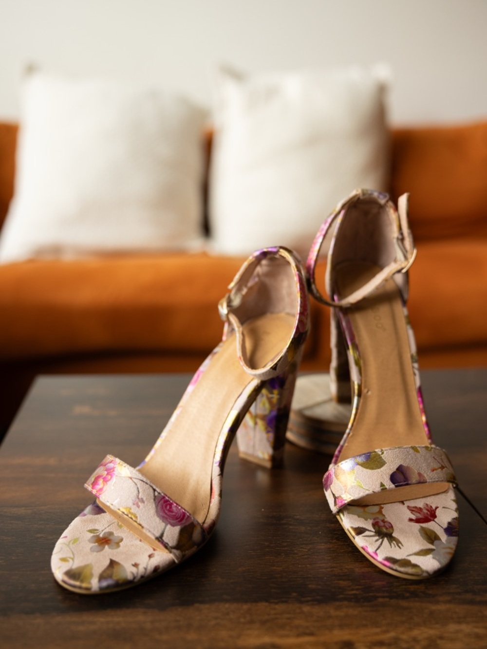 BAMBOO Floral Satin Ankle-Strap Block Heels - Pink & Cream